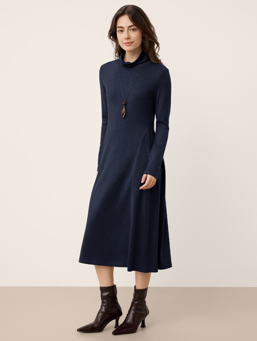 Lintico Womens Navy Blue Briar Wool Sculpted Pleats Turtleneck Midi Dress